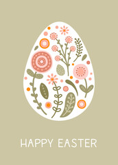 Postcard template with silhouette of Easter eggs, flowers in gentle pastel colors. Illustration spring eggs in flat style with space for your text. Vector