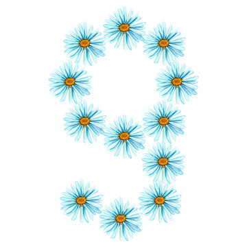 Floral figure nine composed of blue daisy flowers painted in watercolor, isolated on a white background.