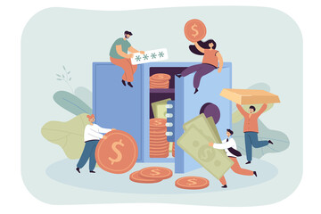 Tiny business persons sitting on huge safe with secure password. People taking golden coins or bills from bank safe flat vector illustration. Protection, investment, safety concept for banner