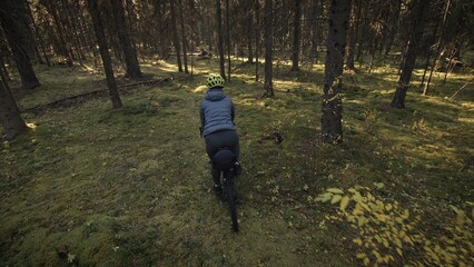 Obraz premium The woman travel on mixed terrain cycle touring with bike bikepacking outdoor. The traveler journey with bicycle bags. Stylish bikepacking, bike, sportswear in green black colors. Magic forest park.