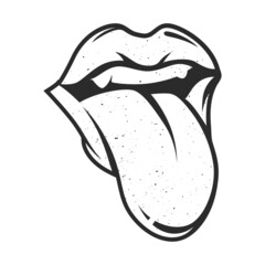 Black and white lip contour with protruding tongue. Protest symbol icon, disagreement.