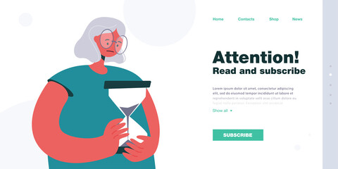 Sad old woman holding hourglass. Elderly character watching time pass flat vector illustration. Time management, age, lifespan, retirement concept for banner, website design or landing web page