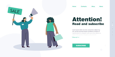 Obraz premium Shop assistant holding sale sign and megaphone. Worker inviting to store, happy customer with bag flat vector illustration. Sale, marketing, shopping concept for banner, website design or landing page