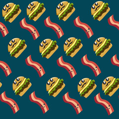 cute bacon with burger cartoon seamless pattern