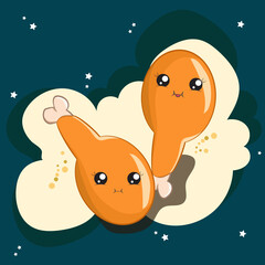 kawaii fried chicken thigh cartoon illustration