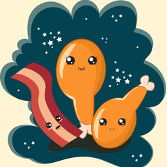 kawaii bacon with fried chicken cartoon illustration