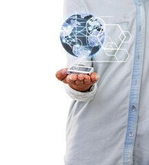 Global power. A close up of a mans hand holding a digital world globe with a white background.