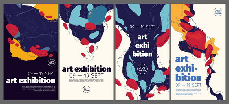 Art exhibition posters with abstract painting design. Vector vertical banners, invitation flyers to museum or gallery with trendy creative background with colorful paint blobs and hand drawn shapes