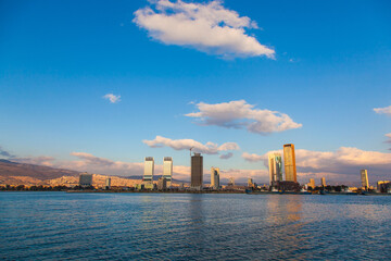 Obraz premium View of the city of Izmir Turkey. Panorama of Izmir in the afternoon from the sea.