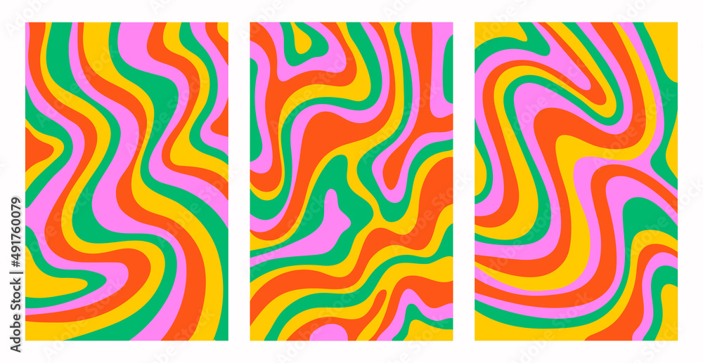 Poster retro set colorful psychedelic vertical backgrounds in style 70s, 80s. trendy abstract hand drawn wa