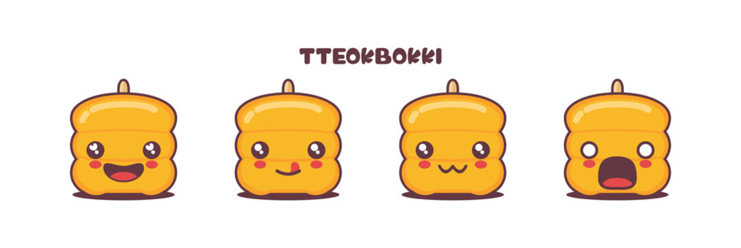 Cute Tteokbokki cartoon illustration, korean traditional food, with different facial expressions