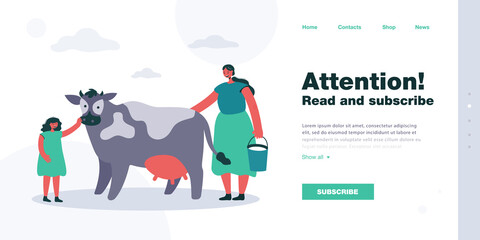 Mother and daughter milking cow. Woman with bucket of milk, girl stroking domestic animal with udder flat vector illustration. Agriculture, dairy concept for banner, website design or landing web page