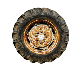 Rusty corroded old tractor wheels isolated on white background.                                            