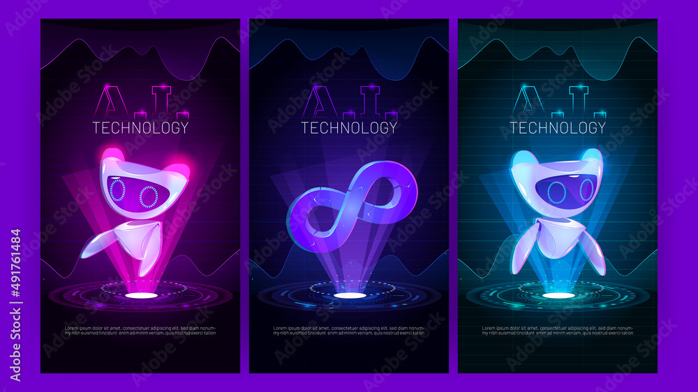 Poster ai technology banners with cute robots and infinity symbol hologram. vector posters of artificial in