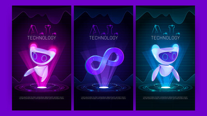 AI technology banners with cute robots and infinity symbol hologram. Vector posters of artificial intelligence and smart machine with cartoon illustration with futuristic virtual bots - obrazy, fototapety, plakaty