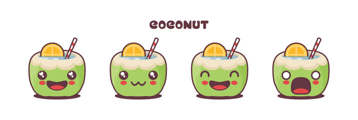 vector green coconut cartoon illustration, with different facial expressions
