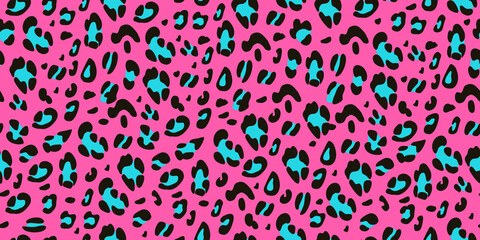 Leopard pink, black and blue seamless pattern. Animalistic hand-drawn background. Vector illustration