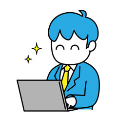 男性　会社員　ビジネス　パソコン　笑顔　成功　イラスト