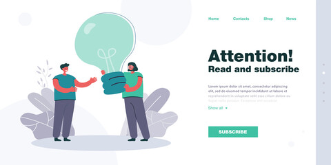 Cartoon woman giving giant lightbulb to man. Female character helping male with ideas flat vector illustration. Teamwork, inspiration, startup concept for banner, website design or landing web page