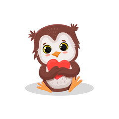 Сute cartoon owl with heart on white background. Сoncept design for cards, valentine's day.Vector