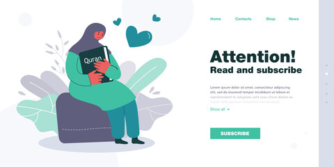 Happy Arabic woman hugging Quran. Muslim female character sitting and holding religious book flat vector illustration. Religion, Ramadan, Islam concept for banner, website design or landing web page