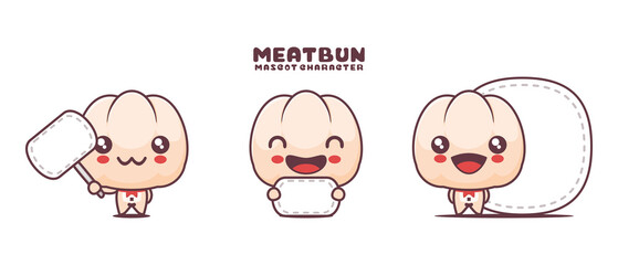 cute Meatbun cartoon vector, with blank board banner