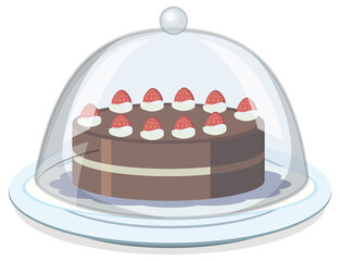 An isolated chocolate cake with glass cover on white background