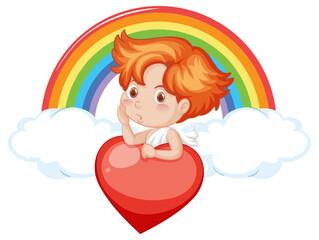 Angel boy holding red heart on rainbow background