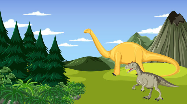 Scene with dinosaurs in the field