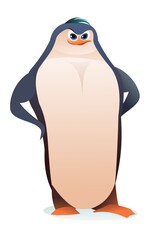 Penguin cartoon. An adult confident strong man. Cheerful funny person. Koik style. Isolated on white background. Vector