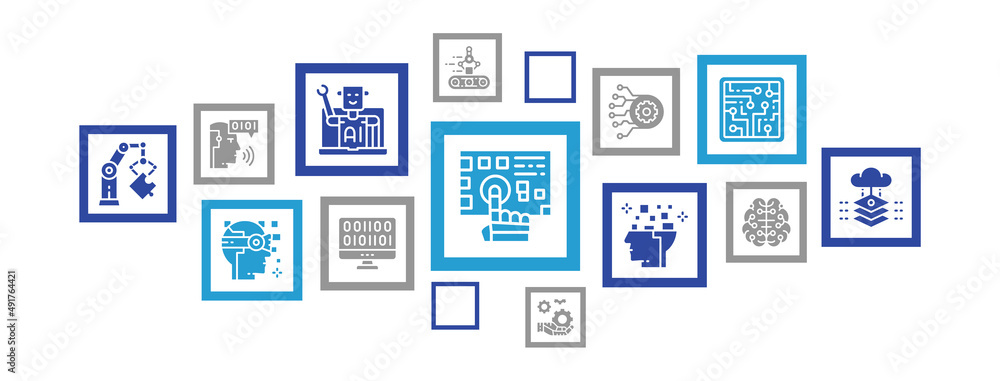 Poster artificial intelligence icons infographic banner. robotics, chatbot, database, big data illustration