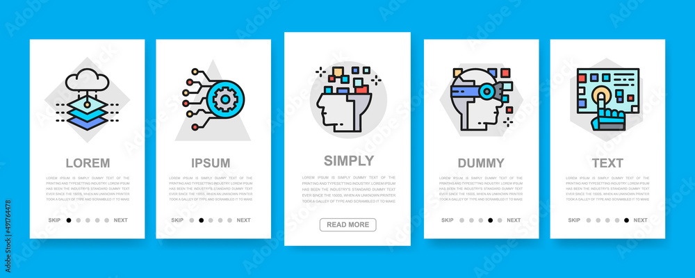 Poster set of artificial intelligence vertical banners. robotics, chatbot, database, big data mobile app sc