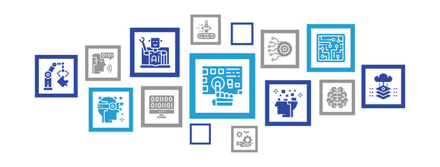 Artificial Intelligence icons infographic banner. Robotics, Chatbot, Database, Big Data illustration for web banner layout, mobile development design.