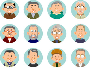 12人のシニアの男性の困惑の表情のアイコン
