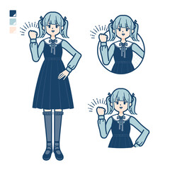 ゴスロリ衣装を着た若い女性がガッツポーズをしているイラスト