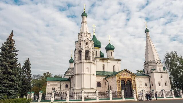 View of the Church of Elijah the Prophet in Yaroslavl in front of a cloudy sky. Time-lapse.