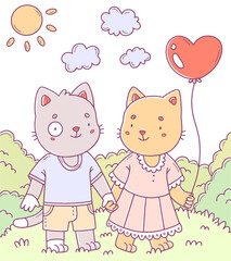 A couple of cats in love on a walk in color. Cartoon children's vector illustration.