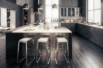 Luxury Penthouse Loft Kitchen  - black and white 3D Visualization