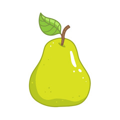 A whole ripe green pear with a leaf in a cartoon style. Vector isolated illustration.