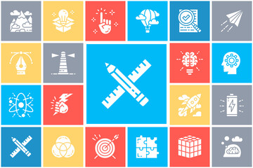 Creative icons set. Innovation, startup, artwork, project, idea vector illustration for advertisement, header banner, website.