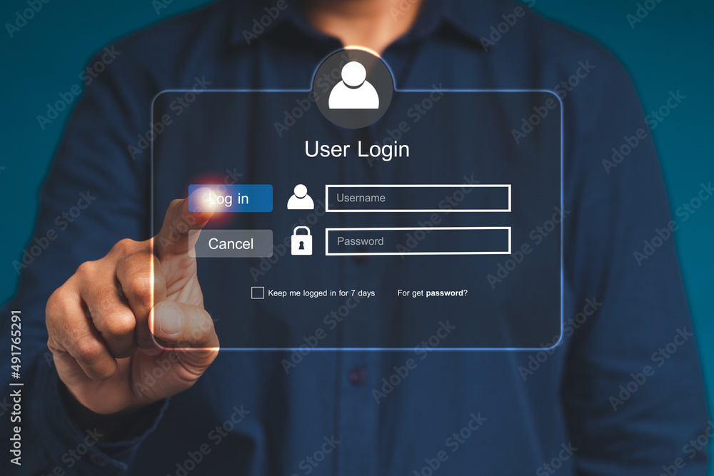 Poster businessman touching login button to the network system on a virtual screen