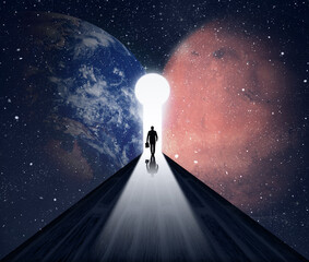 Earth and Mars Business and Future Concept. Businessman waking through keyhole road. Mars Dreams and Human Space Exploration   