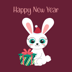 Happy New Year 2023 greeting card. Cute cartoon rabbit with colorful Christmas gift box. Funny bunny character sits and smiles. 2023 Year of Rabbit. Vector flat illustration