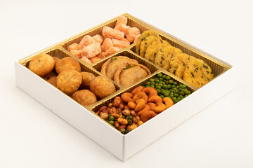 Shahi Mithai - Gujia, Namkeen, Kachori, Gujiya, Mathri, Matar, Nimki, Bhujia, Mathiya, Namak Para In Giftbox. Holi, Deepawali, Vijayadashmi, Rakshabandhan, Ram Navami, Dussehra, Rakhi Food Theme