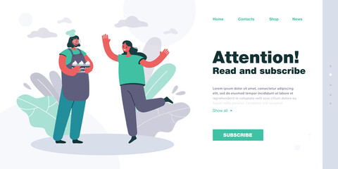 Confectioner offering chocolate cake to woman. Vector illustration