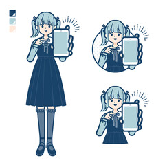 ゴスロリ衣装を着た若い女性がスマートフォンを差し出しているイラスト