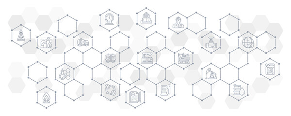 Oil industry line infographic template. Fuel Truck, Engineer, Gasoline, Cargo Ship illustration for web design layout, business banner.