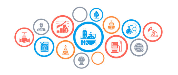 Oil industry business icons illustration concept. Fuel Truck, Engineer, Gasoline, Cargo Ship banner design for website and mobile app.