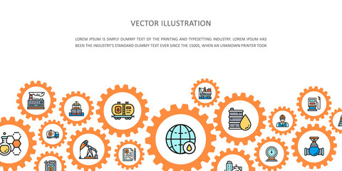 Oil industry landing page with colored icons. Fuel Truck, Engineer, Gasoline, Cargo Ship business icon banner.