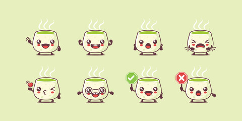 Matcha cartoon. japanese green tea vector illustration. with different faces and expressions - obrazy, fototapety, plakaty